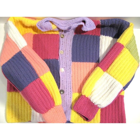 Handmade Crochet Patchwork Jacket Sweater Pink Purple Green Yellow Coral Buttons - Picture 1 of 7